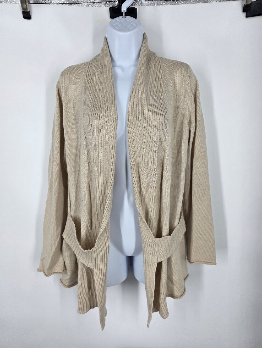 Kasper Sportswear Open Front Draped Cardigan Sweater Beige Tan Knit Size S